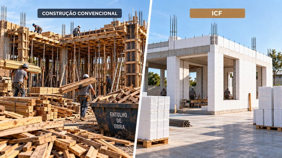 Comparativo entre fôrmas de madeira e entulho da construção convencional e blocos de EPS da construção em ICF