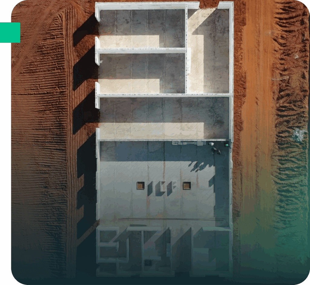 Detalhe de parede do sistema ICF, com camadas de EPS e núcleo de concreto