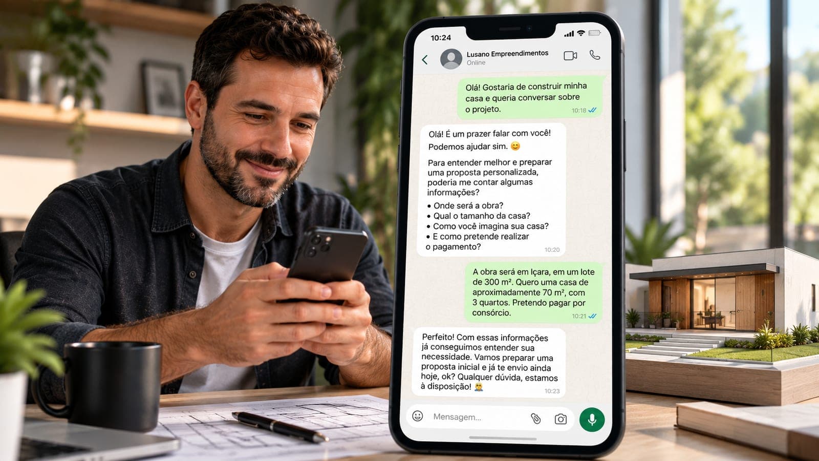 Cliente conversando pelo WhatsApp com a Lusano sobre o projeto da casa