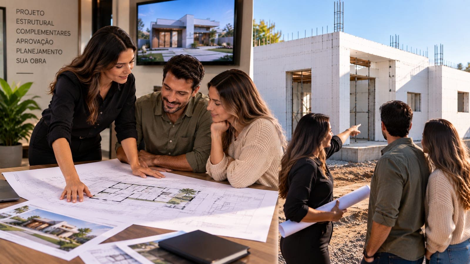 Casal analisando a planta com a equipe da Lusano e visitando o terreno da obra