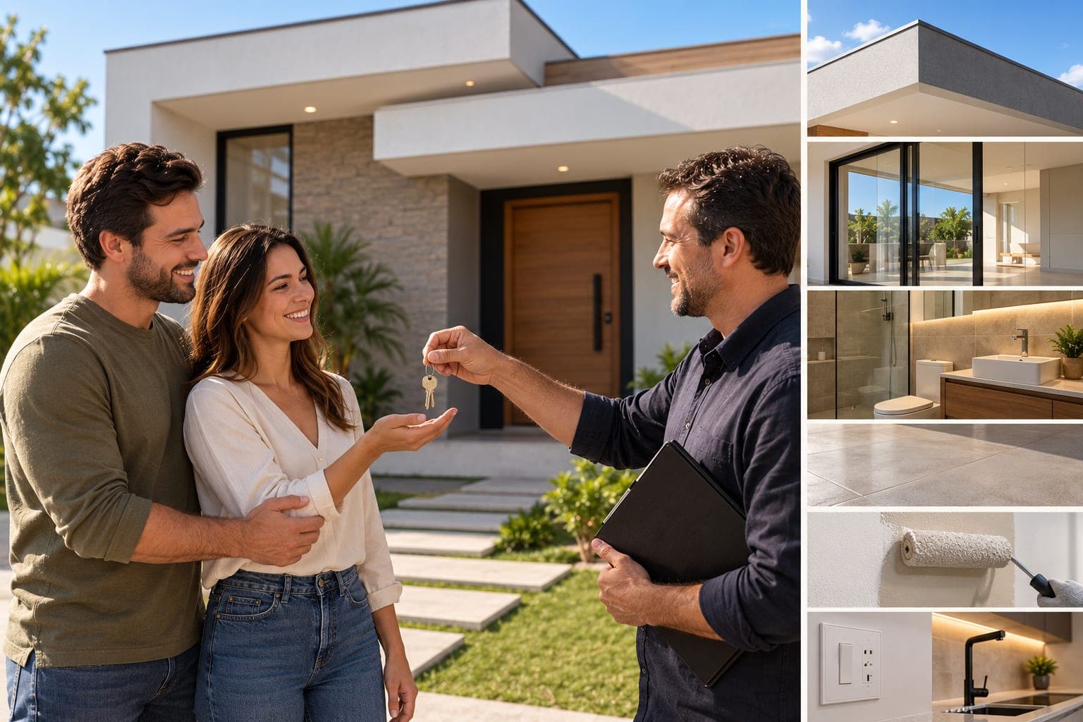 Casal recebendo as chaves da casa pronta, com detalhes do acabamento
